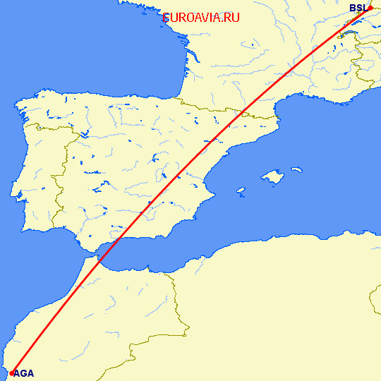 перелет Агадир — Базель-Мюлуз на карте