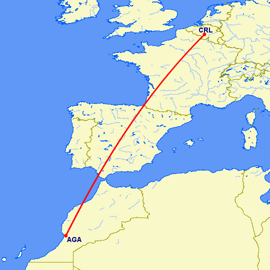 перелет Агадир — Шарлеруа на карте
