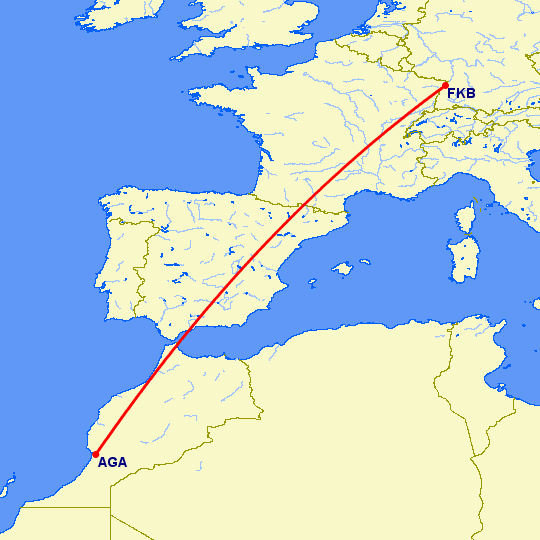 перелет Агадир — Карлсруэ-Баден Баден на карте