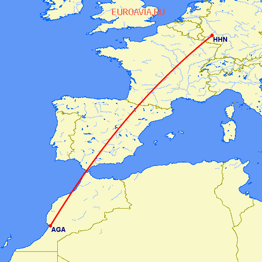 перелет Агадир — Hahn на карте