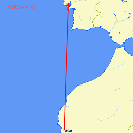 перелет Агадир — Лиссабон на карте