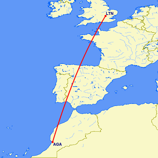 перелет Агадир — Luton на карте