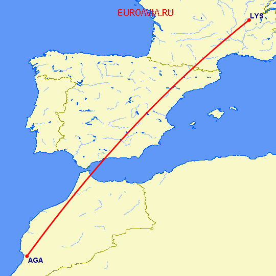 перелет Агадир — Лион на карте