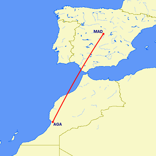 перелет Агадир — Мадрид на карте