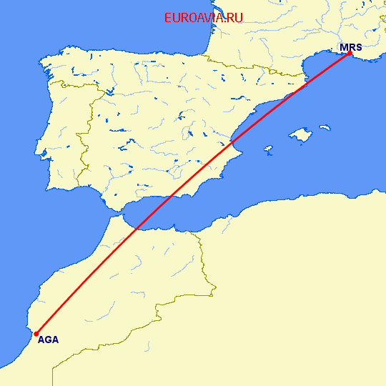 перелет Агадир — Марсель на карте