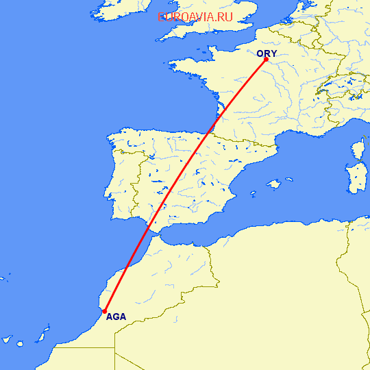 перелет Агадир — Париж на карте