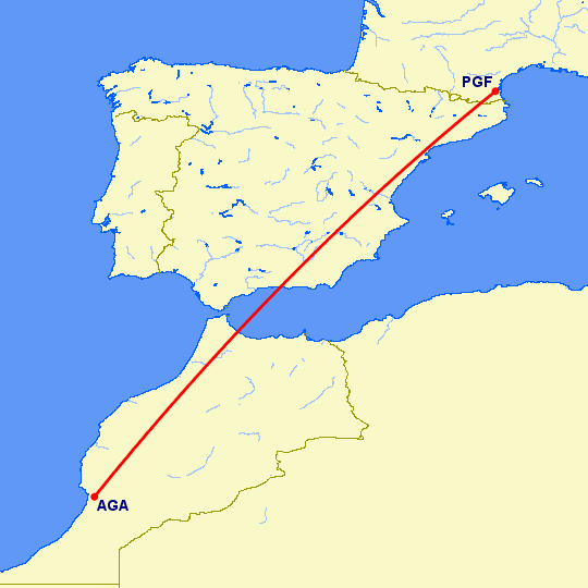 перелет Агадир — Перпиньян на карте