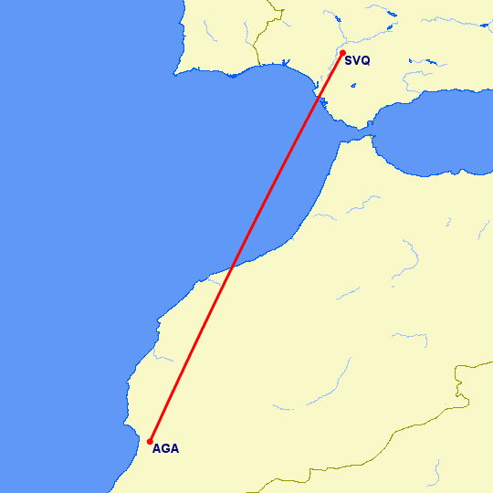перелет Агадир — Севилья на карте