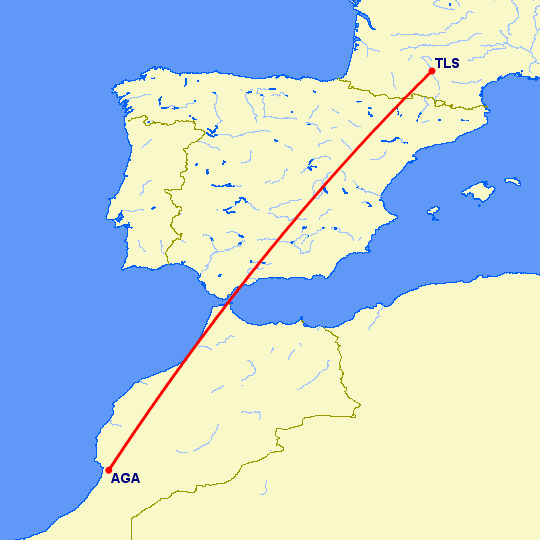 перелет Агадир — Тулуза на карте