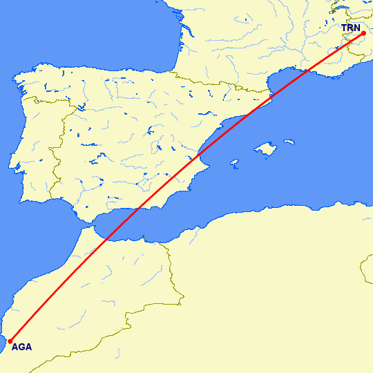 перелет Агадир — Турин на карте