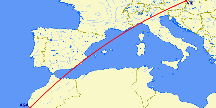 перелет Агадир — Вена на карте