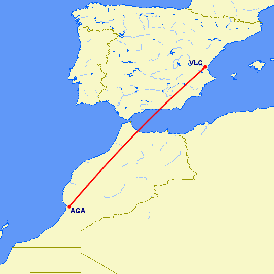 перелет Агадир — Валенсия на карте