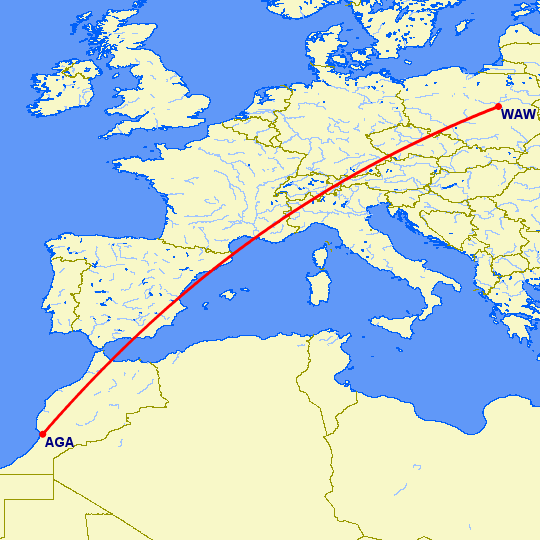 перелет Агадир — Варшава на карте