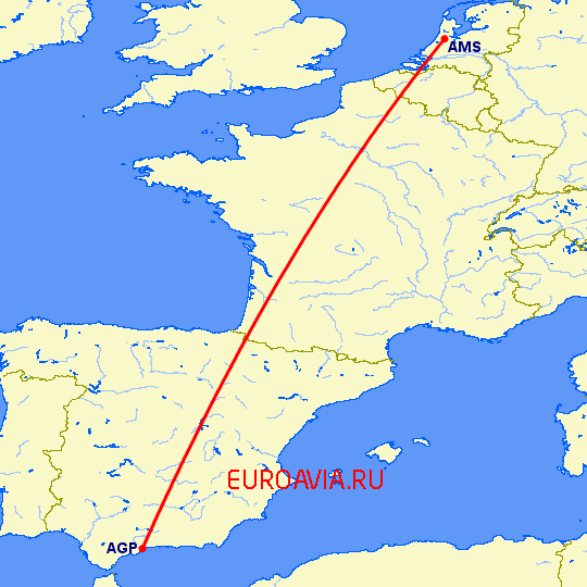 перелет Малага — Амстердам на карте