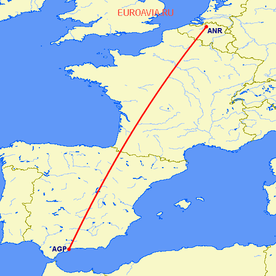перелет Малага — Антверпен на карте