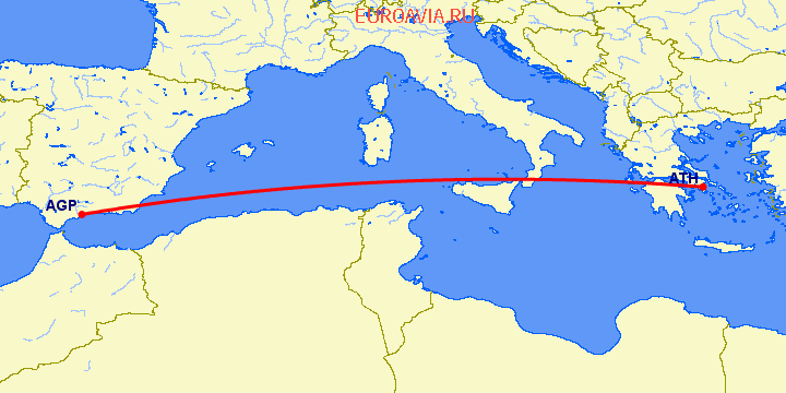 перелет Малага — Афины на карте