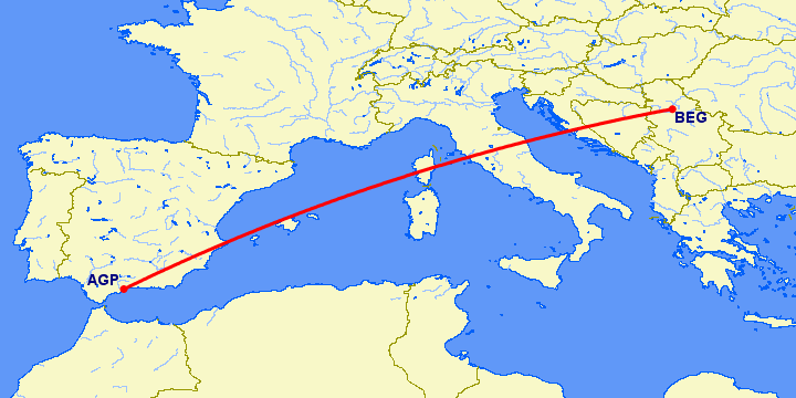 перелет Малага — Белград на карте