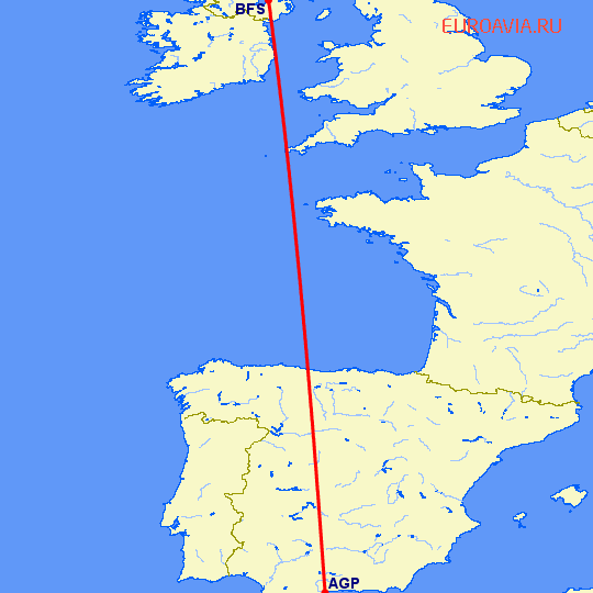 перелет Малага — Белфаст на карте