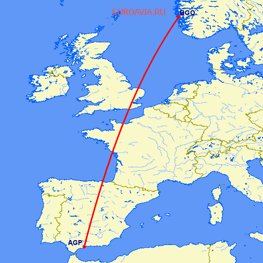 перелет Малага — Берген на карте
