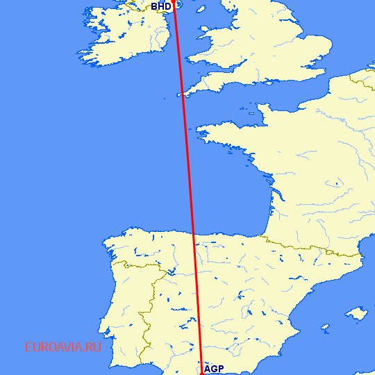 перелет Малага — Белфаст на карте