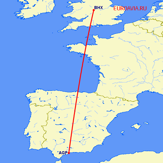 перелет Малага — Бирмингем на карте