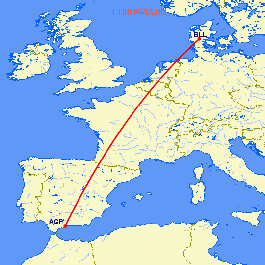 перелет Малага — Биллунд на карте