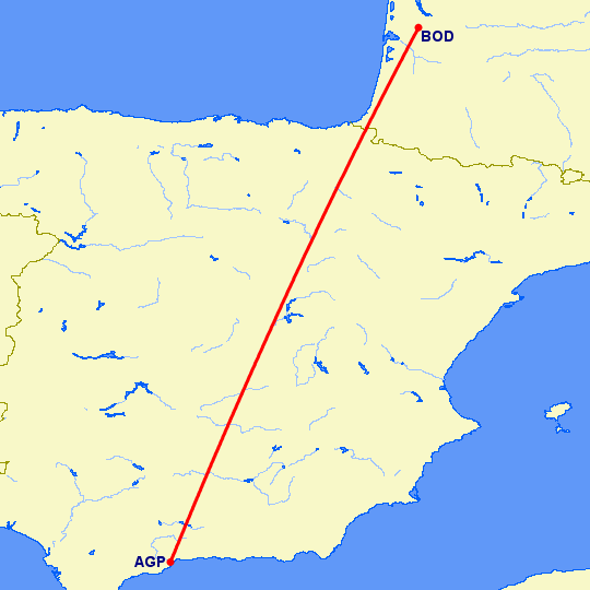 перелет Малага — Бордо на карте