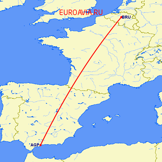 перелет Малага — Брюссель на карте