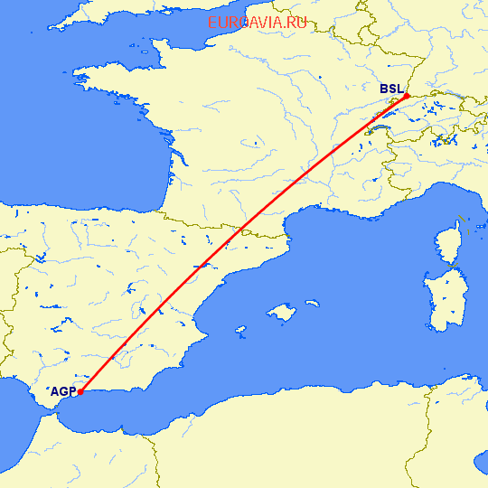 перелет Малага — Базель-Мюлуз на карте