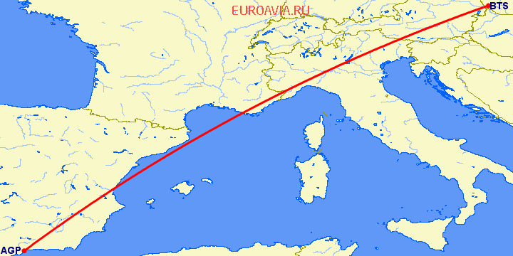 перелет Малага — Братислава на карте