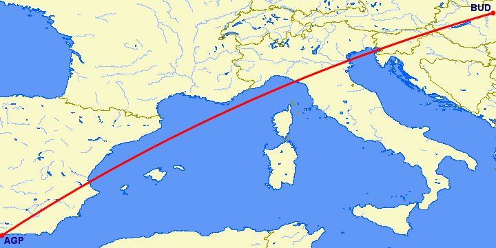 перелет Малага — Будапешт на карте