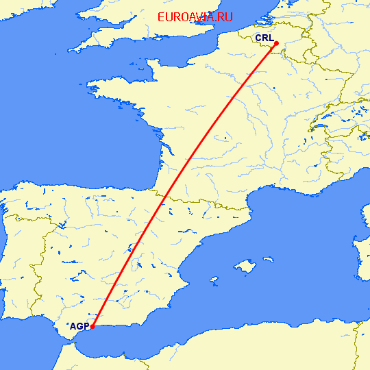 перелет Малага — Шарлеруа на карте