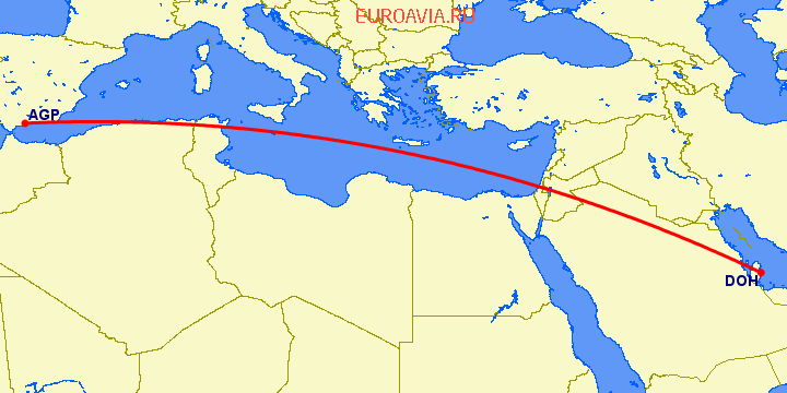 перелет Малага — Доха на карте