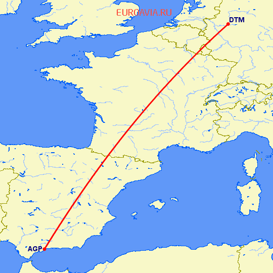 перелет Малага — Дортмунд на карте