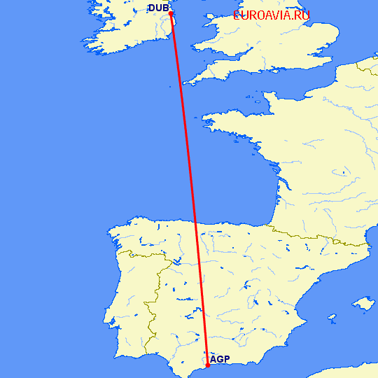 перелет Малага — Дублин на карте