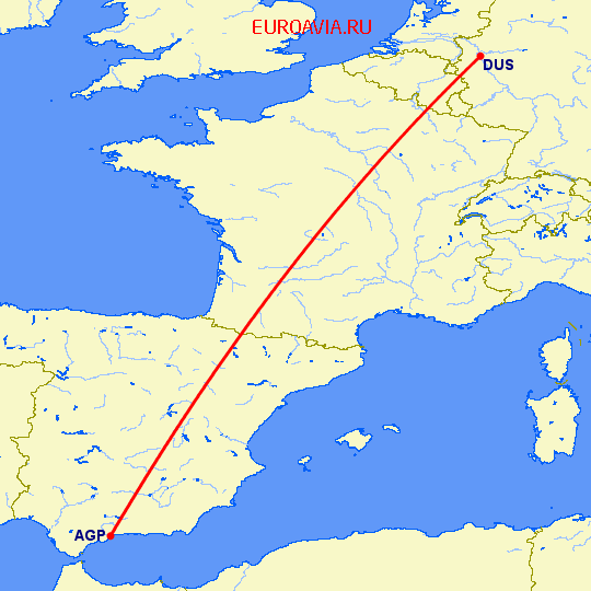 перелет Малага — Дюссельдорф на карте