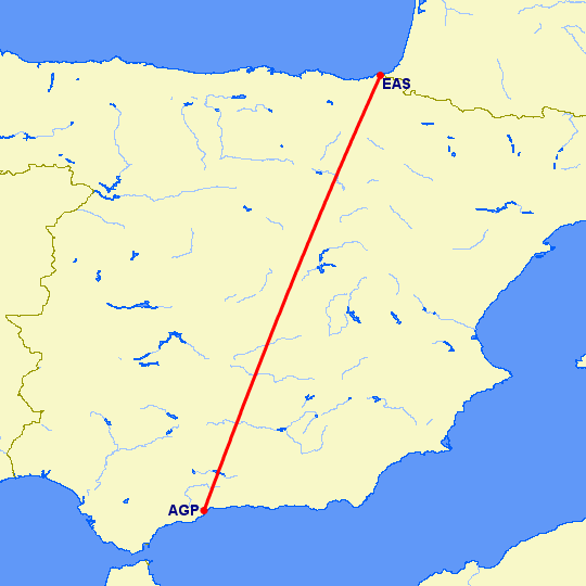 перелет Малага — Сан Себастьян на карте