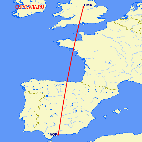 перелет Малага — Дерби на карте