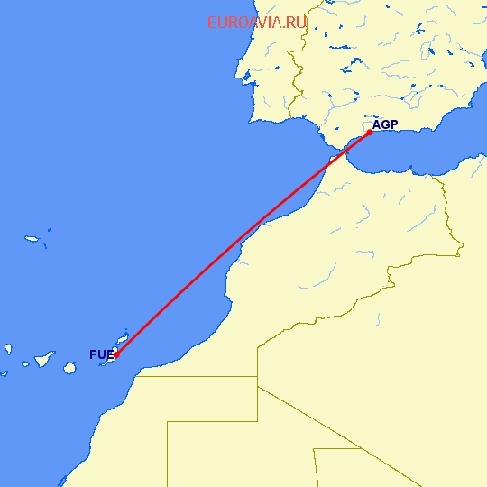 перелет Малага — Пуэрто дель Росарио на карте