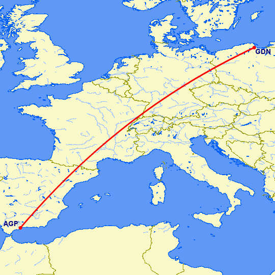 перелет Малага — Гданьск на карте