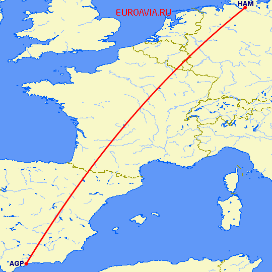 перелет Малага — Гамбург на карте