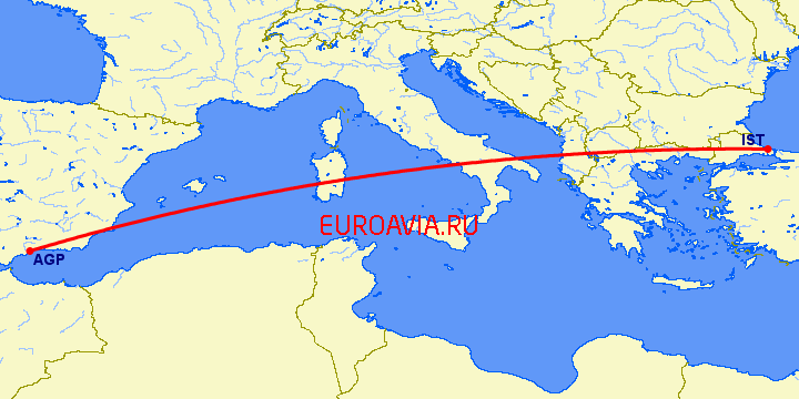 перелет Малага — Стамбул на карте