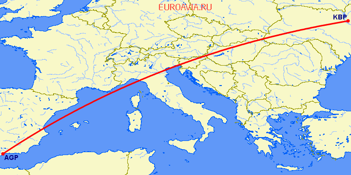перелет Малага — Киев на карте