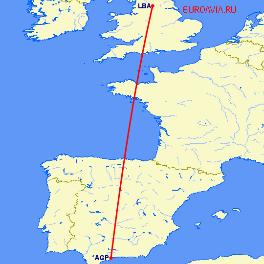 перелет Малага — Лидс на карте