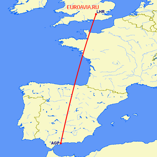 перелет Малага — Лондон на карте