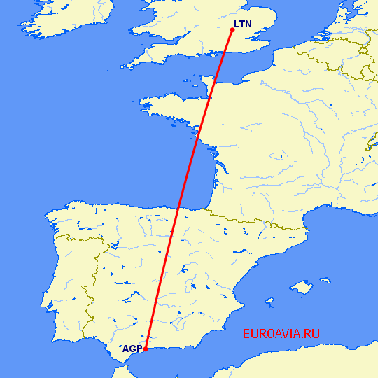 перелет Малага — Luton на карте