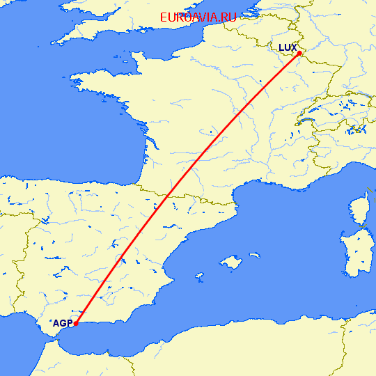 перелет Малага — Люксембург на карте
