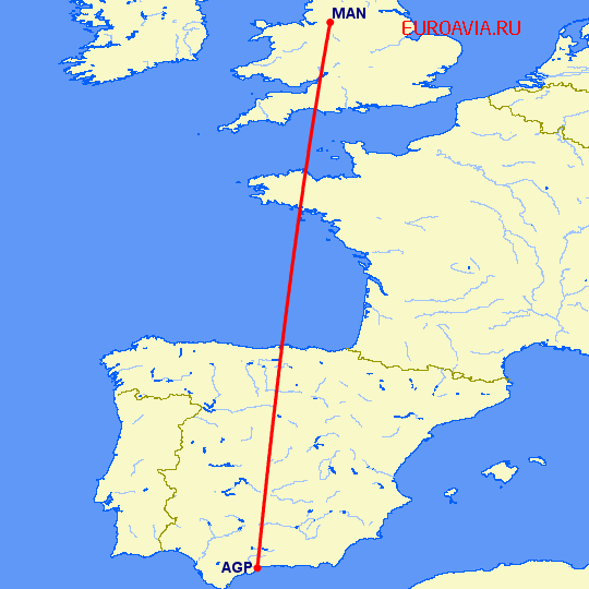 перелет Малага — Манчестер на карте