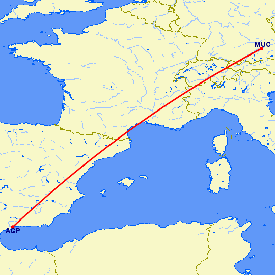 перелет Малага — Мюнхен на карте