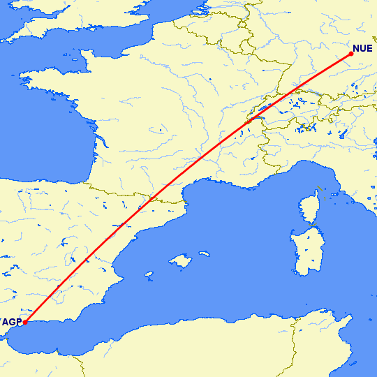 перелет Малага — Нюремберг на карте